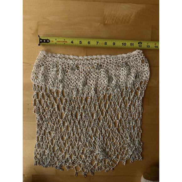 VTG Crochet Sequin Beaded Fringe Mini Skirt Cream White XS - Picture 2 of 4